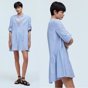 Madewell Button Front Gathered Mini Dress Striped Blue White Poplin Cotton Small